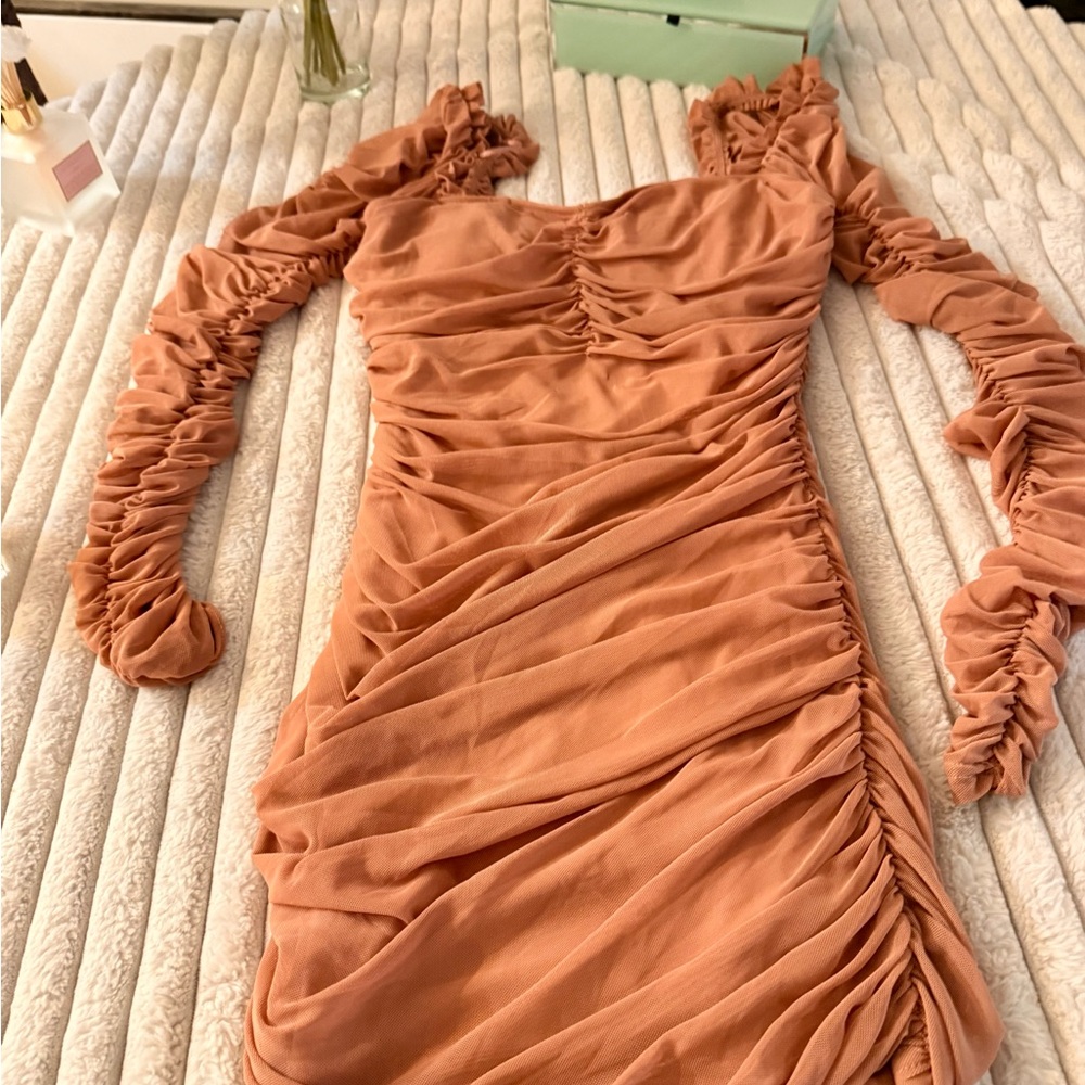 Fashion Nova Orange Ruched Bodycon Dress with Bishop Sleeves